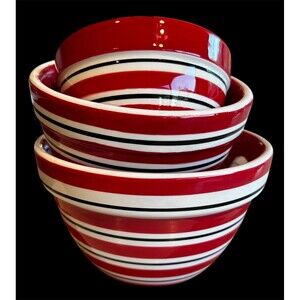 Terramoto Ceramic Nesting Set of 3 Bowls Red White Black Stripes Christmas
